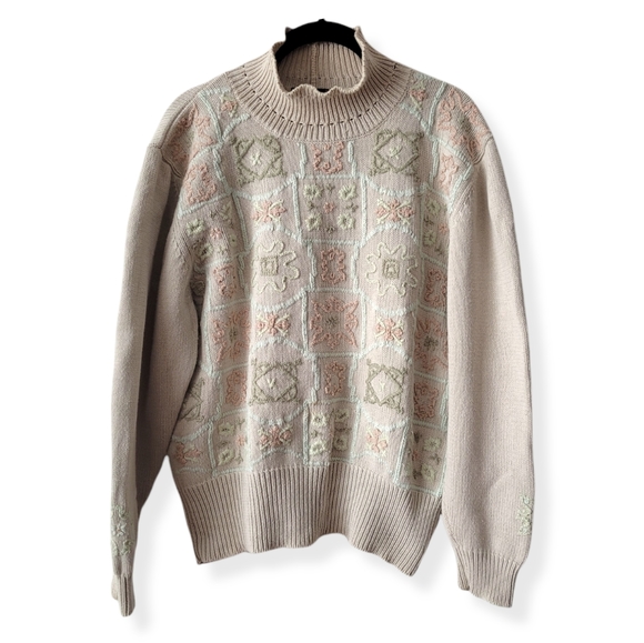 Vintage Jeanne Pierre Floral Embroidered Oversized Mock Neck Pullover Sweater - Picture 1 of 12